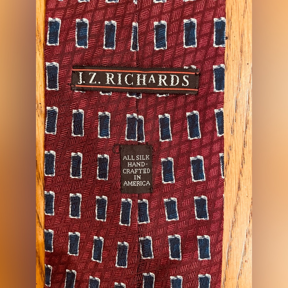 J. Z. RICHARDS 100% silk tie, burgundy/navy pattern, standard, width pictured